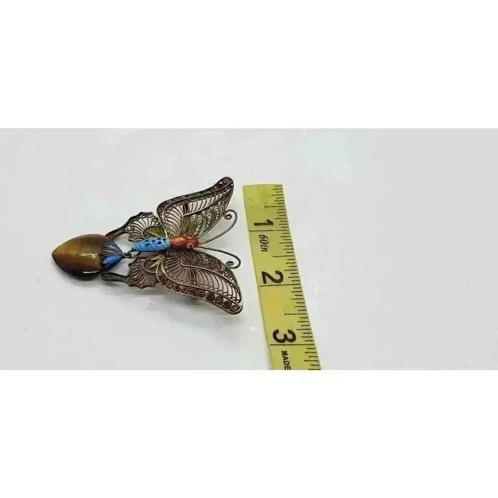Vintage BIG Butterfly Brooch Silver Filigree Enamel Tigers Eye 30s 40s Art Deco